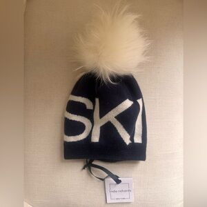 Linda Richard’s Navy and White Pom Pom Ski Beanie Genuine Fur NWT